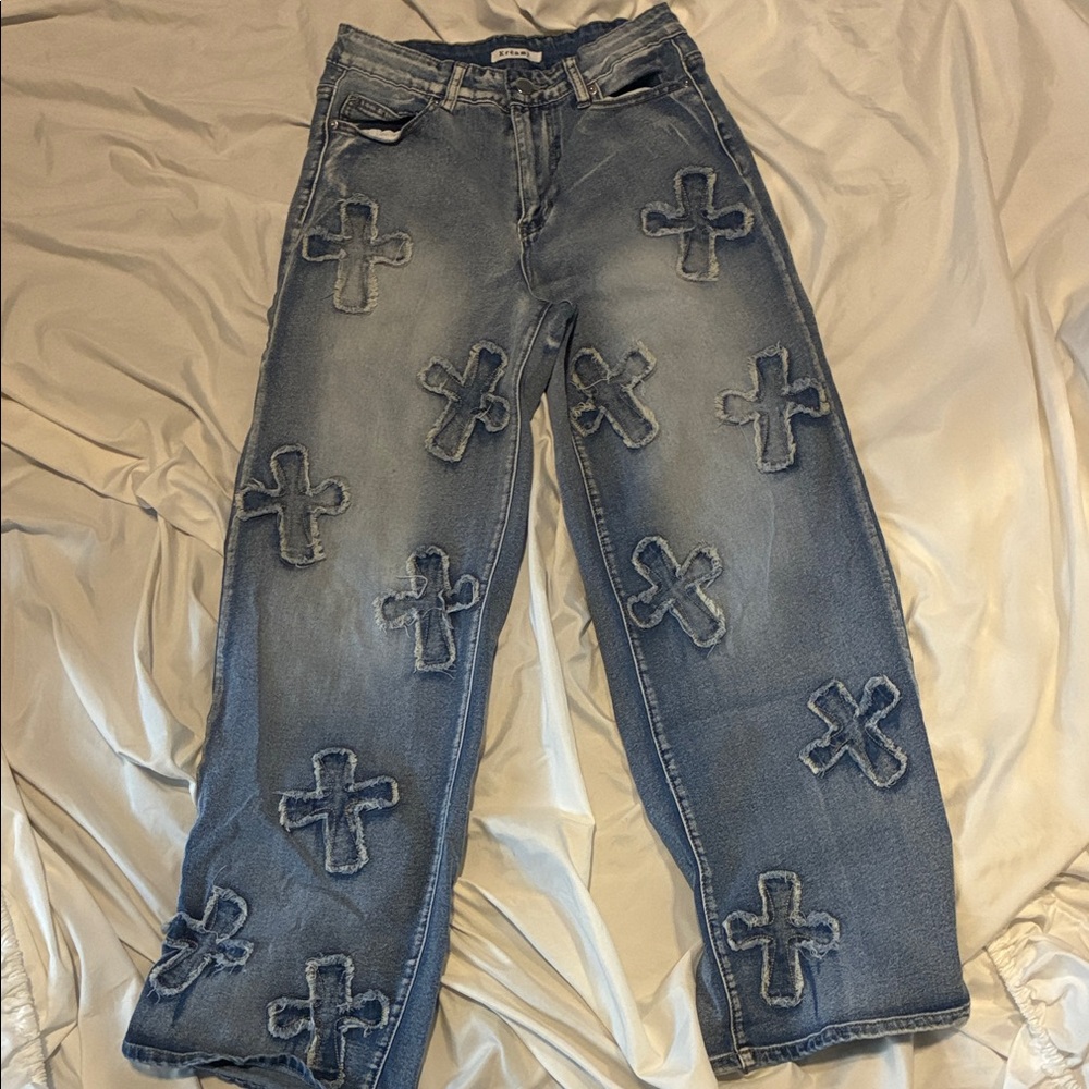 Trendy Distressed Blue Wide Leg Jeans